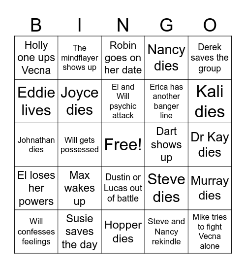 Stranger Things V2 Bingo Card