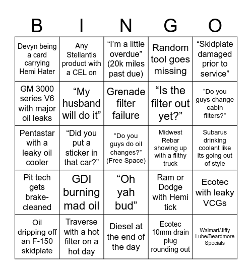 Lube Shop Bingo Card