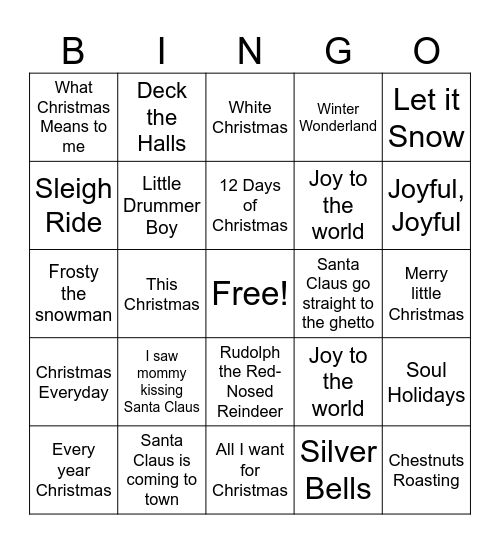 R&B Christmas Songs Bingo Card
