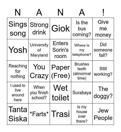 Nana Bingo Card