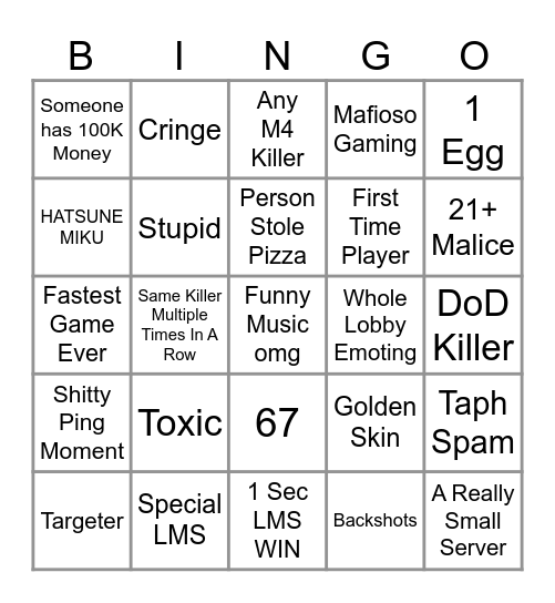 Forsaken Bingo Card