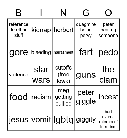 family guy bingo Card