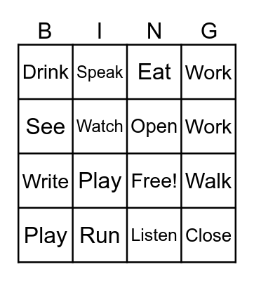 Verbs Bingo Card