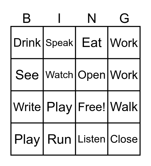 Verbs Bingo Card