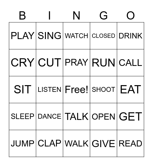 BINGO VERB GAME Bingo Card
