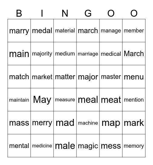 “M”前半 Bingo Card