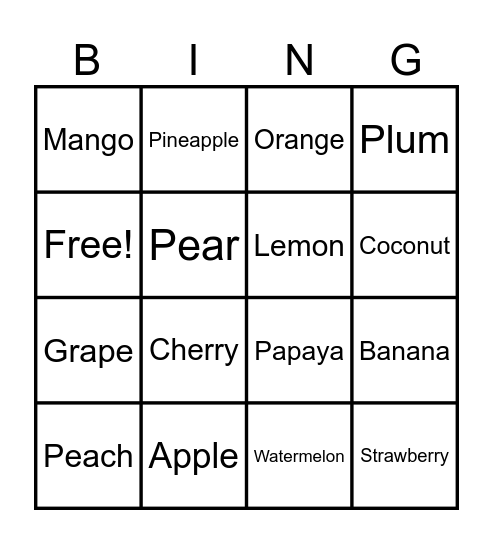 Fruit Bingo Card