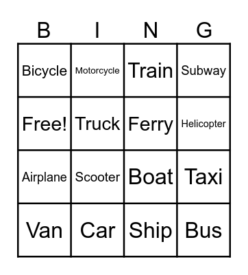 Transportation Bingo Card
