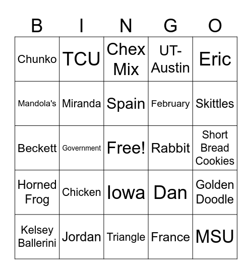 B+M Shower Bingo Card