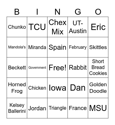 B+M Shower Bingo Card