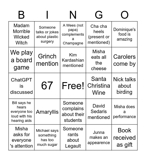 Wees Christmas Bingo Card