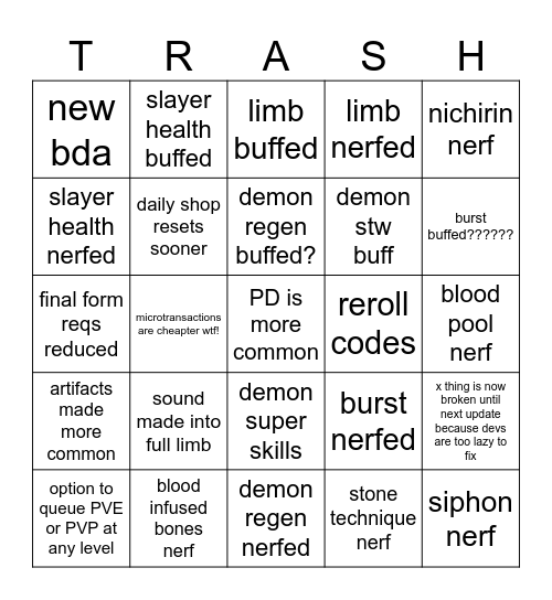 demon hunter bingo Card