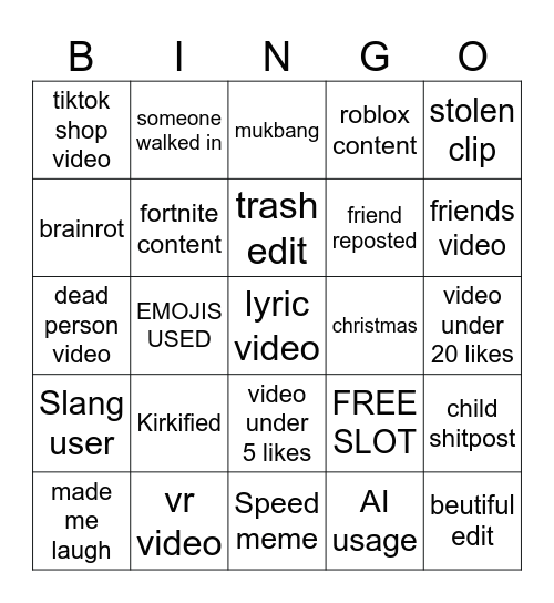 Tiktok Bingo Card