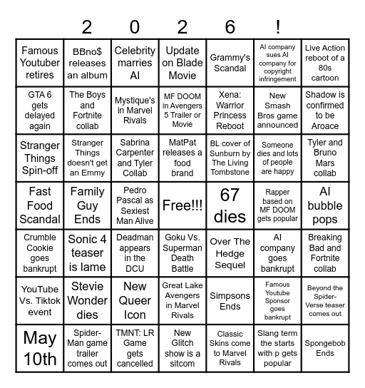 2026 Predictions Bingo Card