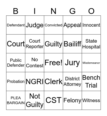 Competency Restoration Bingo Card