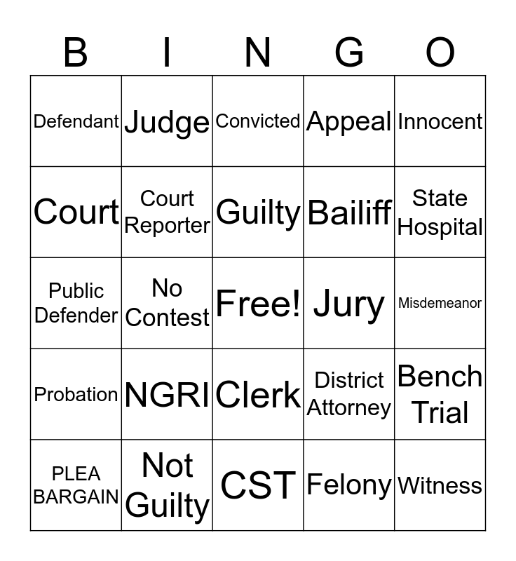 Competency Restoration Bingo Card