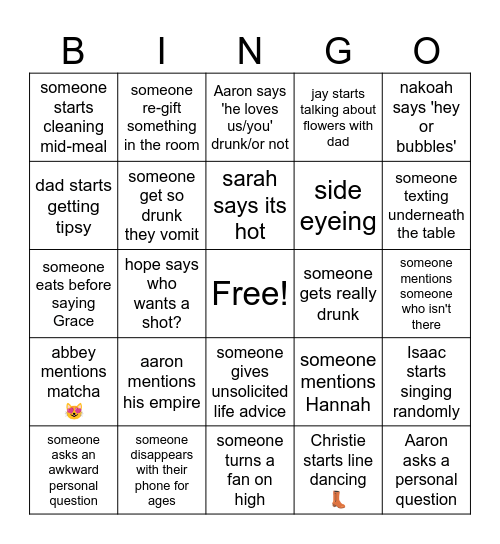 Christmas family bingo Card