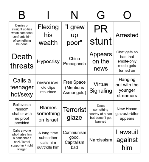 Hasan Piker 2026 Bingo Card