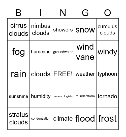 Weather Bingo! Bingo Card