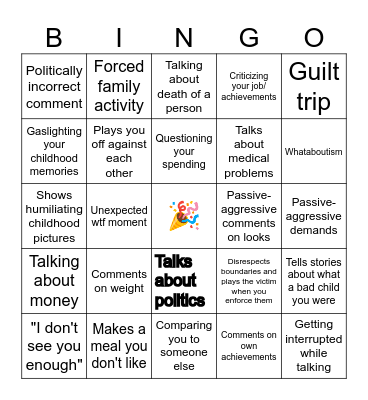 Family Dinner Bingo Card