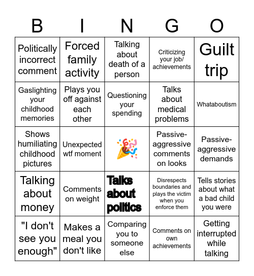 Family Dinner Bingo Card