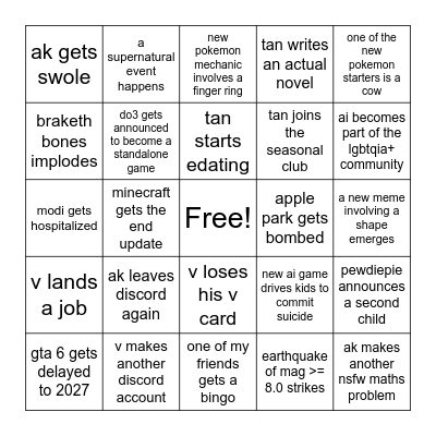 2026 Predictions Bingo Card