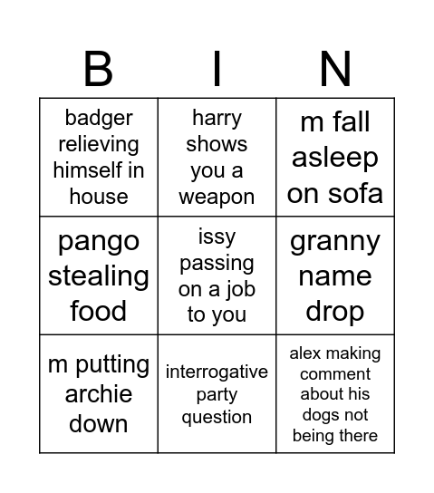 family bingo Card