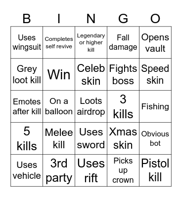 Fortnite season 7 Bingo Card