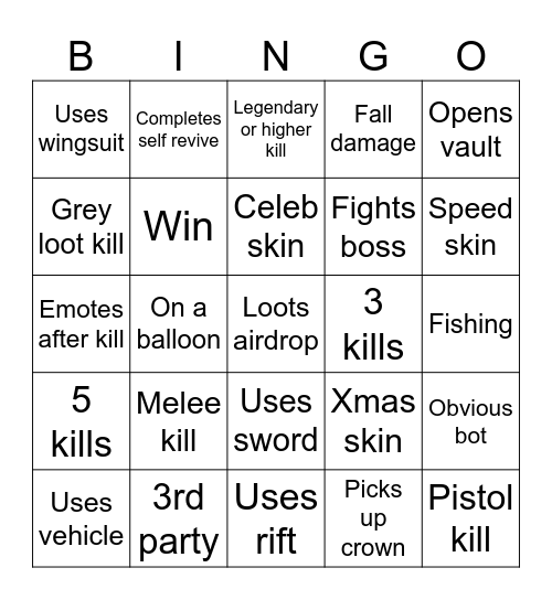 Fortnite season 7 Bingo Card