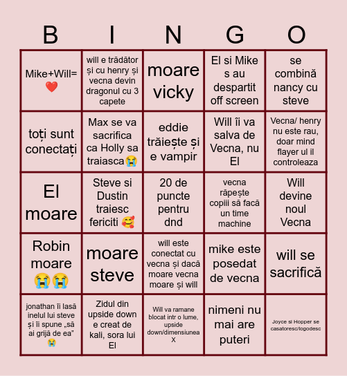 stranger things finaaal Bingo Card