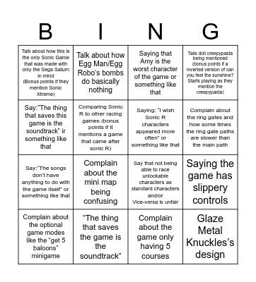 Sonic R Review Bingo Card