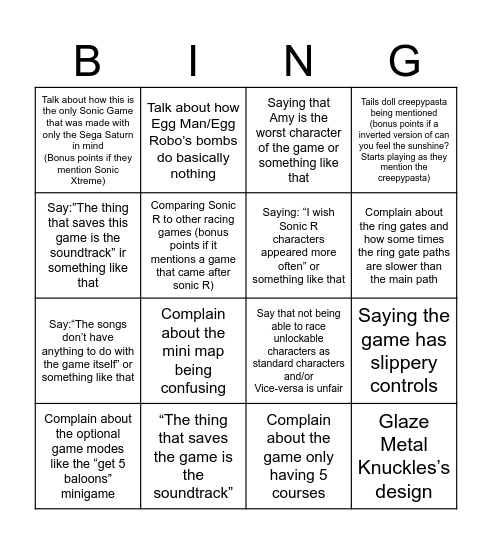 Sonic R Review Bingo Card