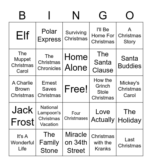 Holiday Movie Bingo Card