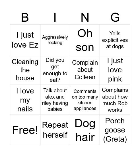 Angie-isms Bingo Card
