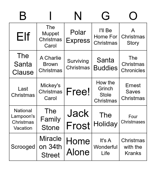 Holiday Movie Bingo Card
