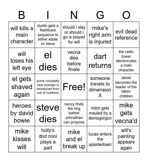 Corinne' Stranger Thingo Bingo Card
