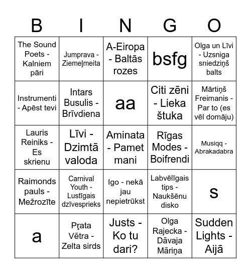Muzikālais Bingo Card