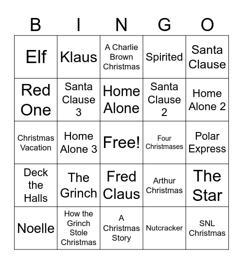 Christmas Movie Bingo Card