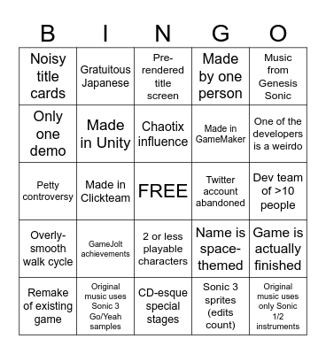 Sonic Fangame Bingo Card