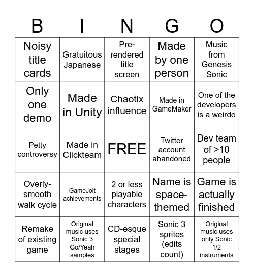 Sonic Fangame Bingo Card
