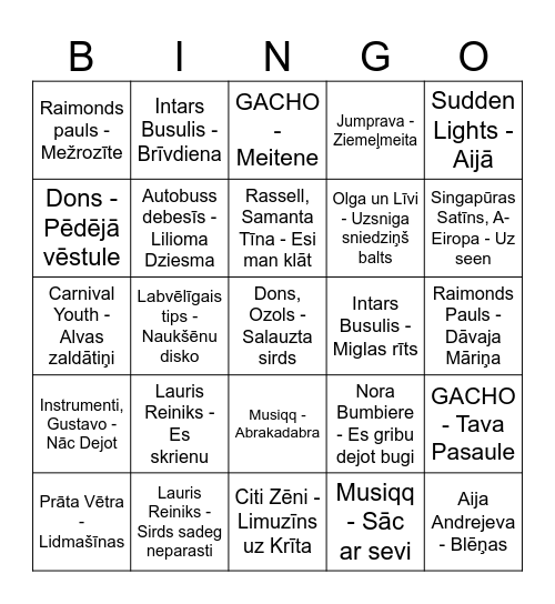 Muzikālais Bingo Card
