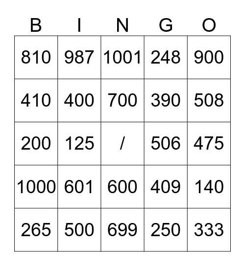 Bingo des nombres jusque 1000 Bingo Card