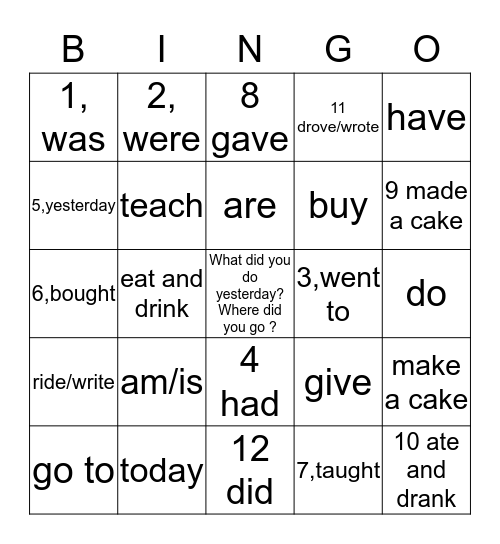 Past--Yesterday Bingo Card