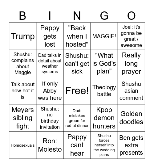 Christmas Day Bingo Card