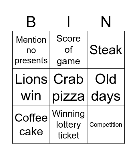 Grandparents Bingo Card