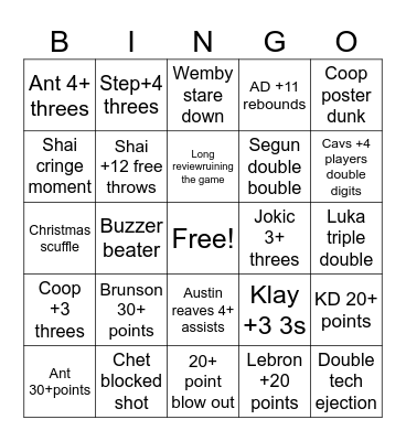 2025 Christmas NBA Bingo Card