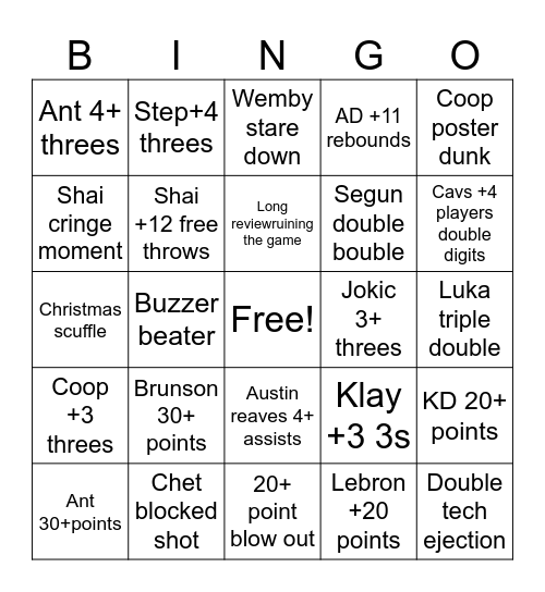 2025 Christmas NBA Bingo Card