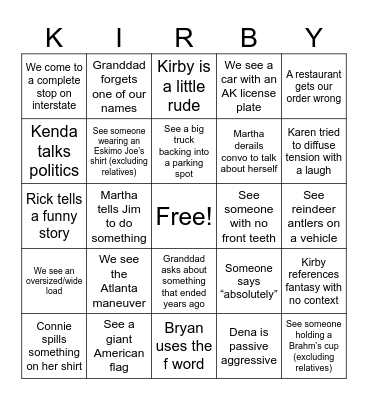 Kirby Christmas Bingo Card