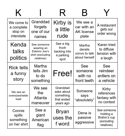 Kirby Christmas Bingo Card