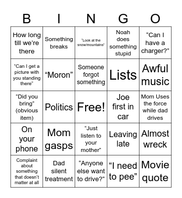 Trip Bingo Card